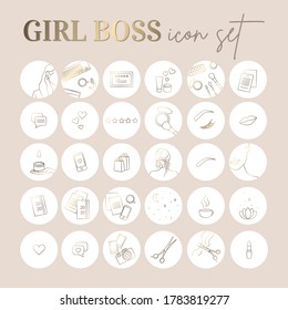 girl boss vector icon set for business woman like beautican makeup artist hairdresser