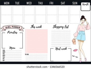 Girl boss weekly and daily planner design with fashion elements and young women. Vector illustration