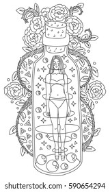 Girl in a bottle abstract vector illustrations for coloring book