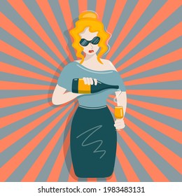 A girl with a bottle in her hands pours wine. The lady wants a drink. Spectacular woman in glasses prepares drinks. The blonde works with drinks.Pop art. Vector illustration, imitation comics style.