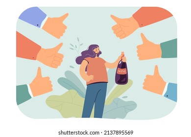 Girl with bottle of wine surrounded by thumbs up. Happy woman getting public approval flat vector illustration. Alcohol, public opinion concept for banner, website design or landing web page