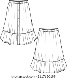 GIRL BOTTOM WEAR MIDI SKIRT VECTOR FRONT AND BACK SKETCH