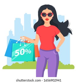 girl bought fashionable clothes. Attractive shopaholic with glasses. flat character vector illustration