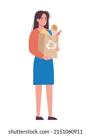 The girl bought the products and carries them in a paper eco bag, which is recyclable. The woman bought vegetables and groceries. Vector illustration in a flat style on a white background