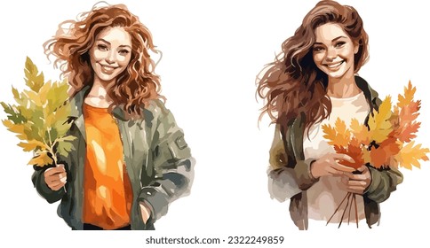 Girl with a bouquet of autumn leaves clipart, isolated vector illustration.