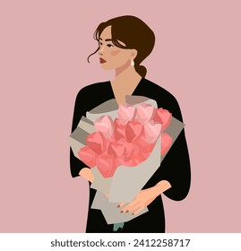 A girl with a bouquet of color on a pink background. Elegant woman in an evening dress. A gift for a holiday. Brunette in a stylish dress and pink flowers. Women's Day.  Birthday 