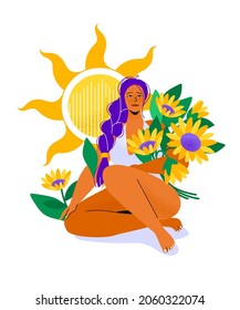 Girl with a bouquet - colorful flat design style illustration with a cartoon character. Strong independent beautiful woman with purple hair holding sunflowers in her hands. Hot summer, wellness idea