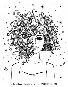 Girl with bouquet. Coloring book pages. Portrait of young beautiful woman. Vector isolated illustration. Black and white image. Print for girl t shirt.