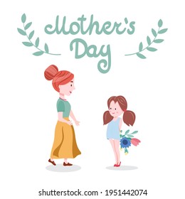 A girl with a bouquet of flowers behind her back stands in front of her mother. Lettering Happy Mother's Day. Vector illustration in cartoon style