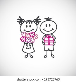 girl with a bouquet of flowers and boy with a gift box(cartoon doodle)