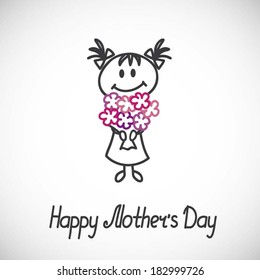 girl with a bouquet of flowers (cartoon doodle).Happy mothers day card