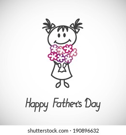 girl with a bouquet of flowers (cartoon doodle).Happy fathers day card
