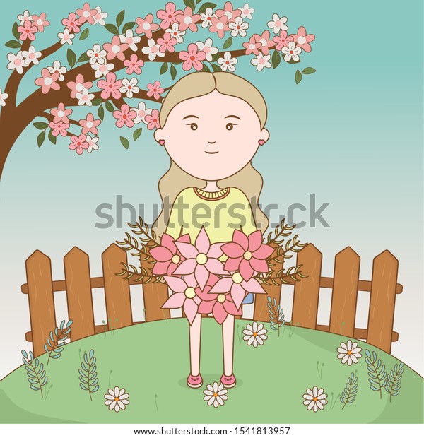 Girl Bouquet Flowers Fence Garden Tree Stock Vector Royalty Free 1541813957