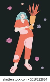 Girl with a bouquet of flowers. Hand drawn trendy vector flat illustration. Design for banner, card, placard, brochure.