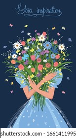 Girl with a bouquet of flowers in her hands. Cute spring summer illustration, mother's day greeting card, happy birthday