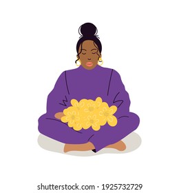 A girl with a bouquet of flowers in her hands. Design for greeting card for Mother's Day, Birthday, International Women's Day. Hand drawn Cartoon flat illustration