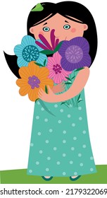 A girl with a bouquet of flowers in her hands
