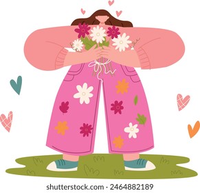  a girl with a bouquet of flowers in her hands.