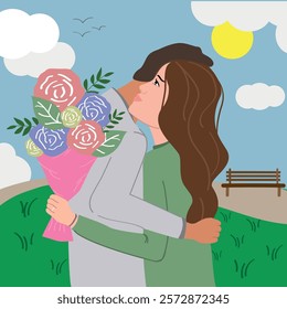 Girl with a bouquet of flowers hugs a guy in a park against the background of a lawn, benches and clouds