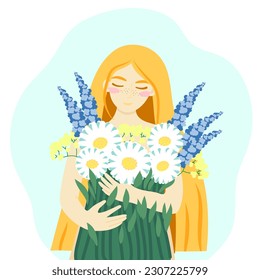 girl with a bouquet of flowers. mental health, happiness, harmony. International Women's Day