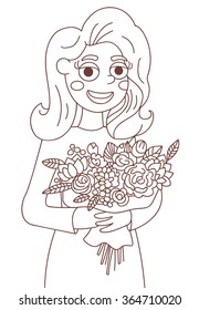 Girl with a bouquet of flowers. Vector isolated illustration. Cartoon character. Valentine's day. Coloring page. 