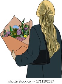 Girl with a bouquet greeting card.
Congratulations on Mother's Day. Greeting card with blooming tulip flowers. Vector illustration EPS10. used for magazine, book, poster, menu cover, web pages, tshirt