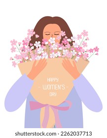 Girl with bouquet. Happy Women's Day greeting illustranion.