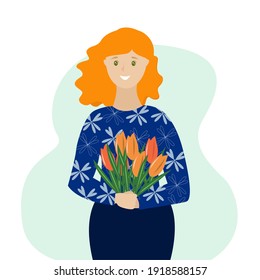 Girl with a bouquet of orange tulips