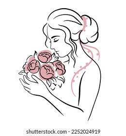 girl with a bouquet of roses flowers  in profile. bride, woman.  Happy family, love, maternity concept; Hand drawn vector illustration.