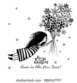 Girl with a bouquet of snowflakes. Christmas card. Vector illustration