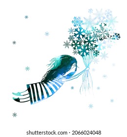 Girl with a bouquet of snowflakes. Christmas card. Vector illustration