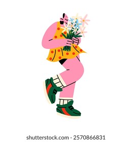 Girl with bouquet of wild flowers. Cartoon mascot with holiday gift: mother's day, women's day, valentine's day. Vector doodle groovy character