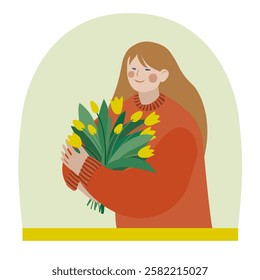 Girl with a bouquet of yellow tulips in her hands. Romantic love. Love between friends. Flat style. Vector illustration.