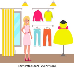 Girl in boutique clothing store. Female buyer and hangers with fashionable garments. Professional shopping at marketplace vector illustration. Woman choosing dress, blouse and pants hanging on hangers