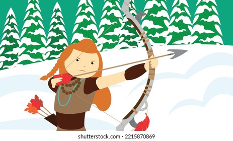 Girl with a bow and arrow in the winter forest