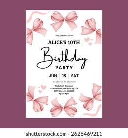 Girl Bow Pink Birthday Party Invitation
