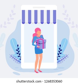 Girl with box, delivery service concept, vector illustration, can use for web, ui, poster and landing page. 
