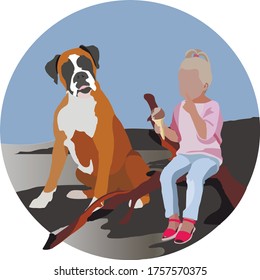 girl with boxer dog vector illustration