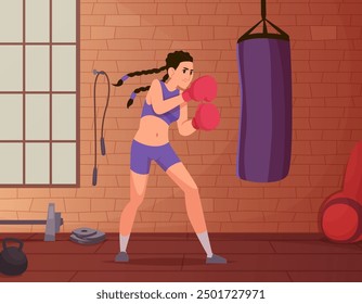 Mujer lucha contra el Vector de entrenamiento de boxeo Fondo de dibujos animados con luchador femenino agresivo