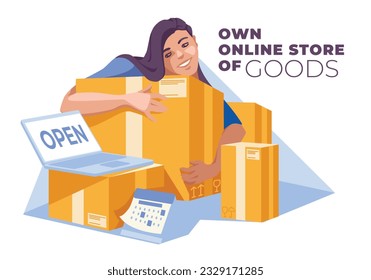 girl with boxes of goods. Online store, shopping and delivery concept. Own business. Vector flat illustration.