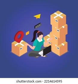 Girl with boxes looks at map for address isometric 3d vector illustration concept for banner, website, illustration, landing page, flyer, etc.