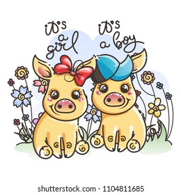 It is a girl, it is a boy. 2019 year symbol. Cute cartoon golden baby pigs on a flower background. Vector illustration