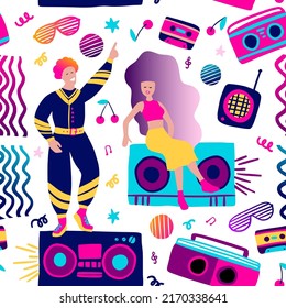 Girl and boy 80s disco seamless party pattern. Prank human vector illustration