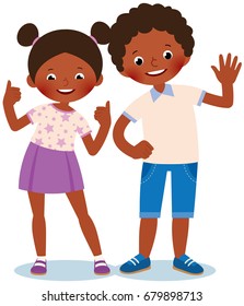 Girl and boy african americans welcome and show sign okay Vector cartoon illustration