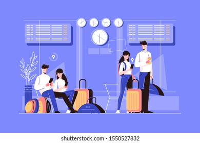 Girl and boy in airport lounge vector illustration. Tourists characters in different poses. People sitting, waiting flight with luggage and going to board airplane flat style design