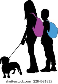 girl and boy with backpacks with their dog silhouette - vector
