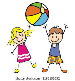 Girl and boy with ball, children, funny vector illustration