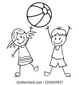 Girl and boy with ball, funny vector illustration, coloring book