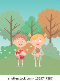 girl and boy with ball and teddy in the grass park, kids toys vector illustration