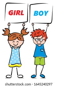 Girl and boy with banners. Two little children holds paper with text. Funny vector illustration on white background.